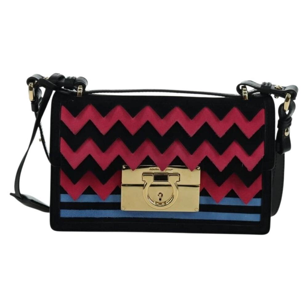 Salvatore Ferragamo Suede Gancini Shoulder Bag Black
